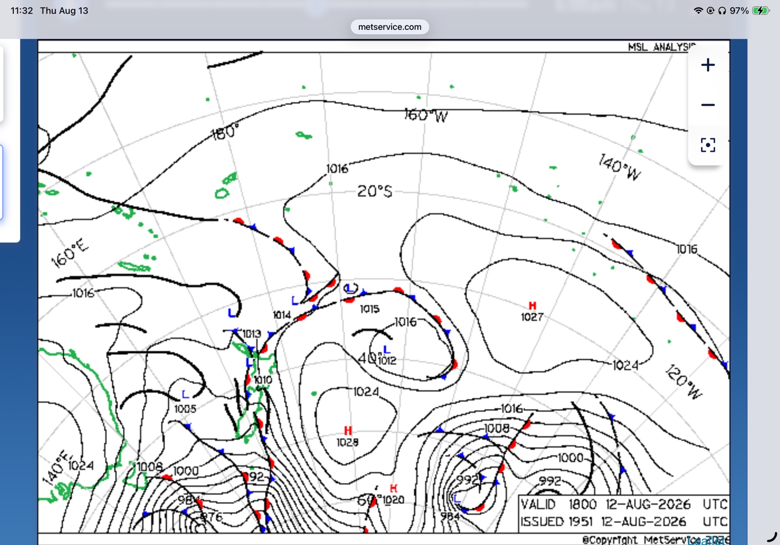 MetService Southwest Pacific surface pressure chart showing isobars, highs, lows and fronts