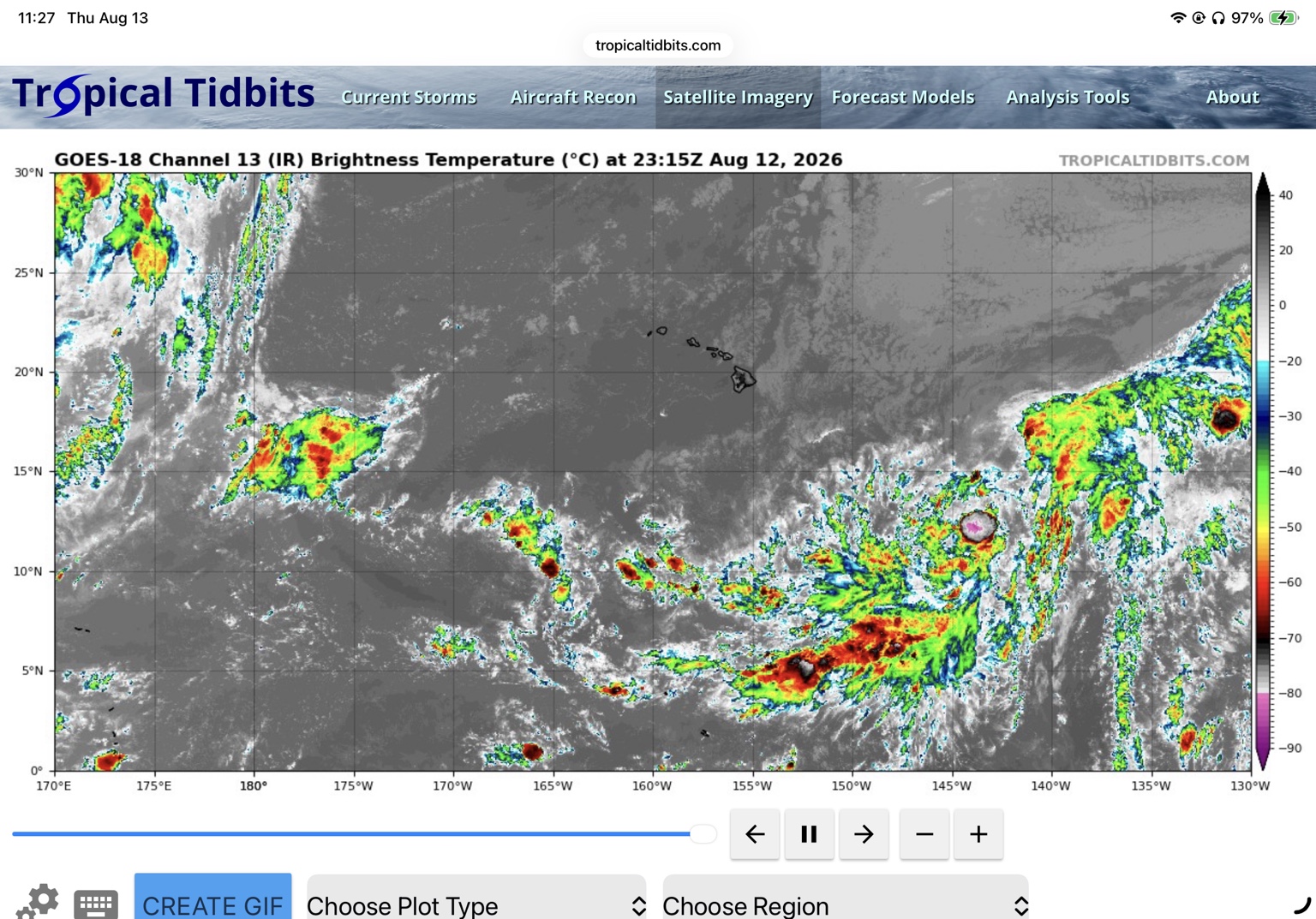 Central Pacific infrared satellite image from Tropical Tidbits